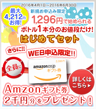 新規お申込み限定 1,296円で始められる「はじめてセット」 さらにWEB申込限定!全員にAmazonギフト券2,000円分をプレゼント!期間:2016年4月1日~2016年6月30日 詳しくはこちら